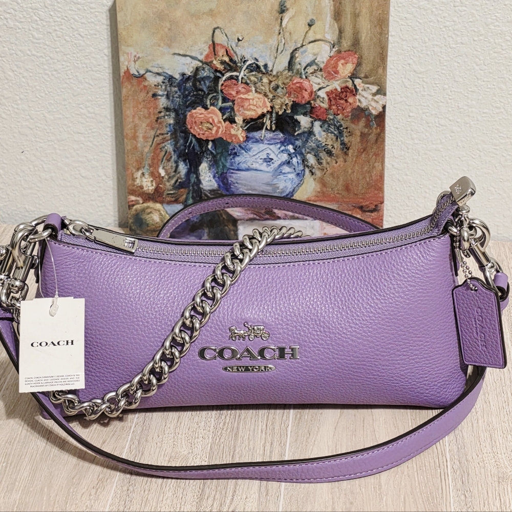 Coach Charlotte Shoulder Bag Pebbled Leather Crossbody Purple Iris Silver chain - Picture 8 of 16
